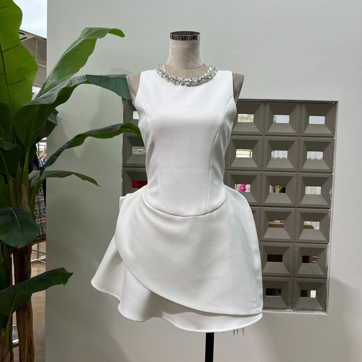 Jean Round Neck Diamond Sleeveless Mini Dress in White Avalabel
