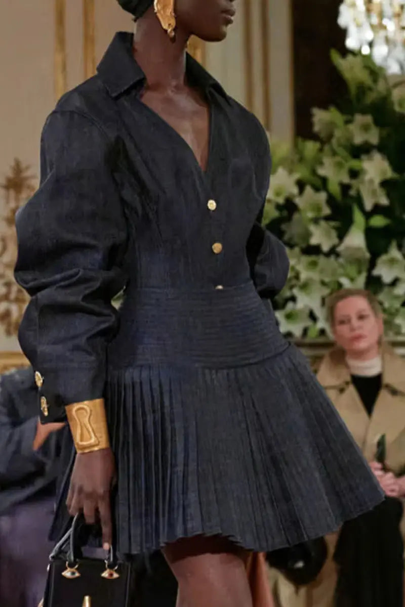 florence Single-breasted top pleated skirt in navy blue Avalabel