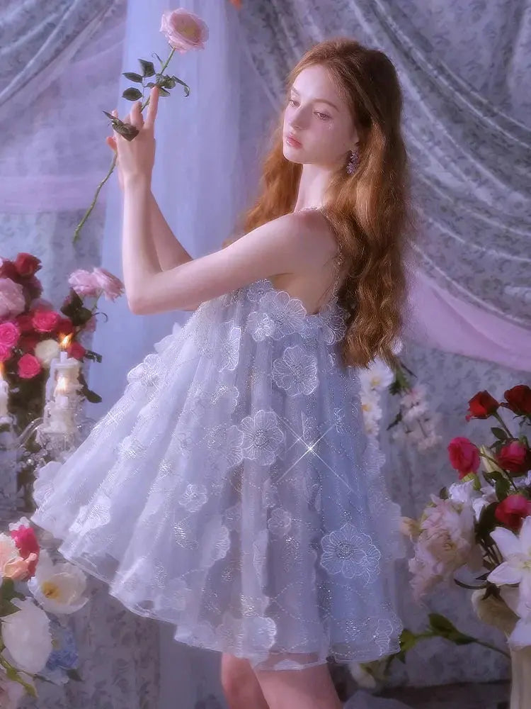 Tutu Light Blue Sleeveless Flower Diamond Short Doll Dress Avalabel
