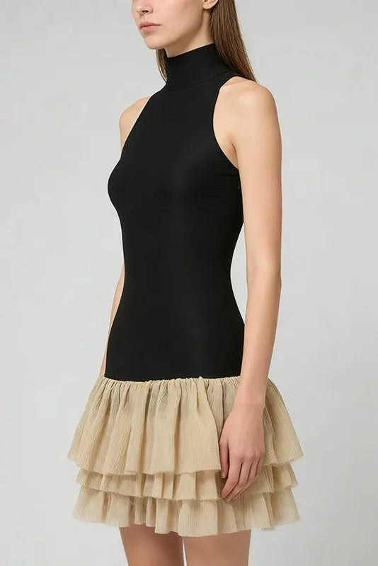 cynthia black ruched trim sleeveless puffy mini dress Avalabel