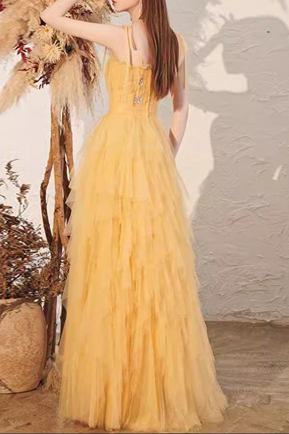 Victoria Rhinestone Embellished Tulle Maxi Dress - Yellow Avalabel