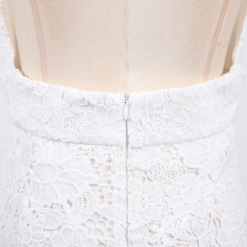 hazel white Deep V-neck halterneck layer ruffle trim maxi dress Avalabel