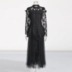 yvette black Long Sleeve Folds Lace Butterfly Top And Skirt Two-Piece Set Avalabel