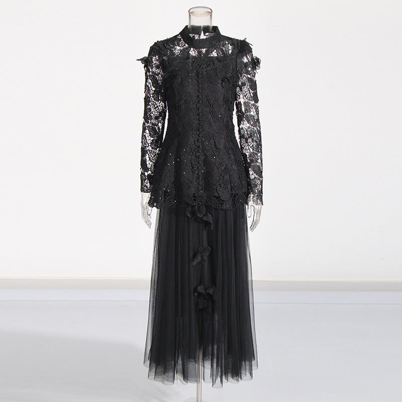 yvette black Long Sleeve Folds Lace Butterfly Top And Skirt Two-Piece Set