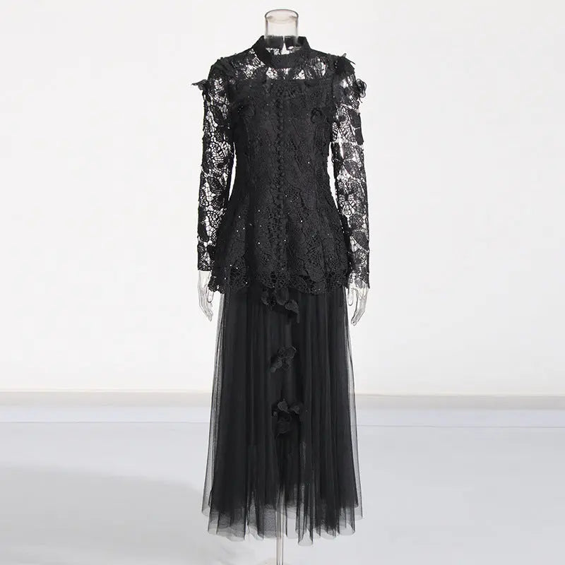 yvette black Long Sleeve Folds Lace Butterfly Top And Skirt Two-Piece Set Avalabel