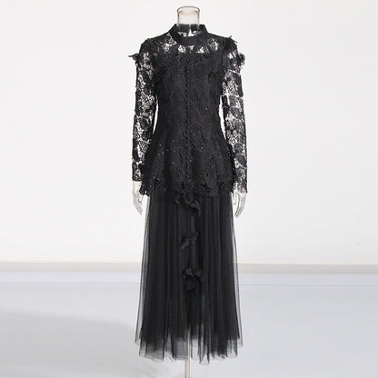 yvette black Long Sleeve Folds Lace Butterfly Top And Skirt Two-Piece Set