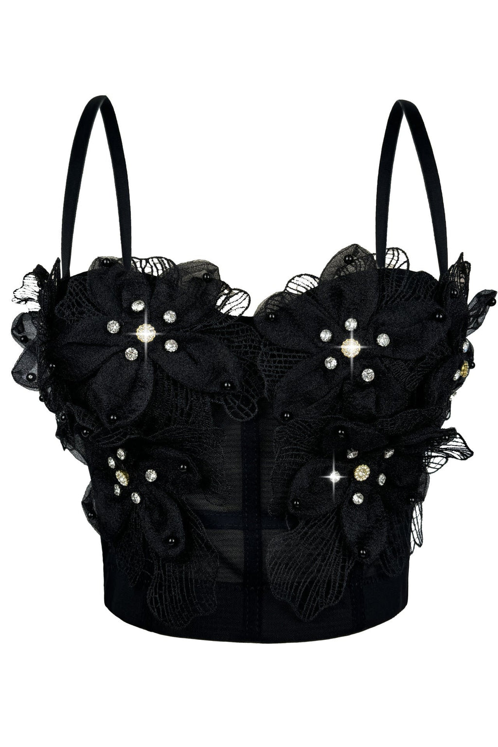 Spaghetti Strap Sheer Mesh 3D Tulle Flower Rhinestone Pearl Corset Bustier Top sis label