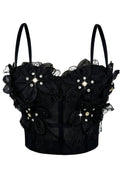 Spaghetti Strap Sheer Mesh 3D Tulle Flower Rhinestone Pearl Corset Bustier Top sis label