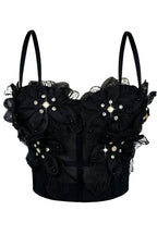 Spaghetti Strap Sheer Mesh 3D Tulle Flower Rhinestone Pearl Corset Bustier Top sis label