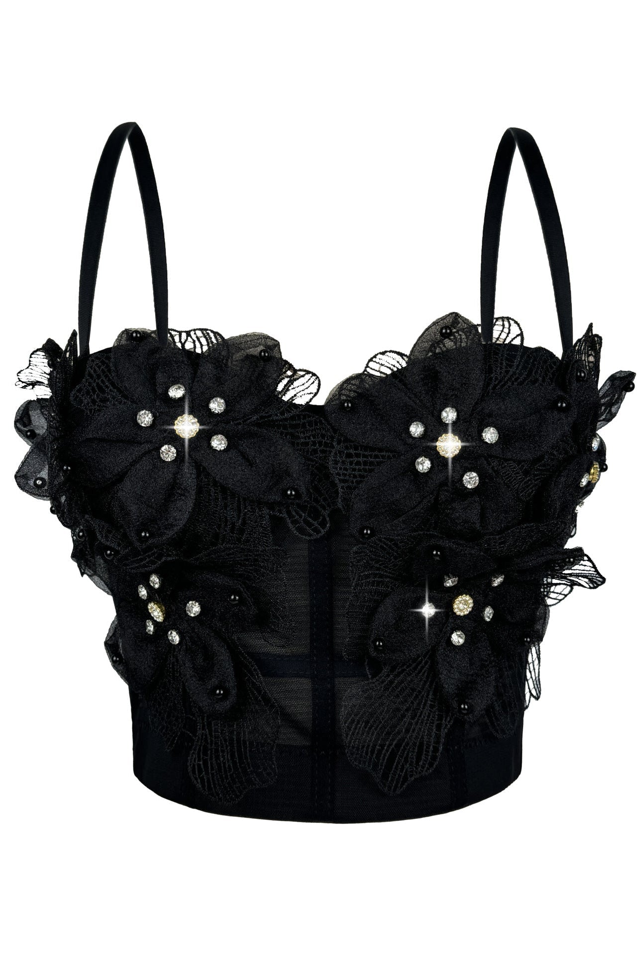 Spaghetti Strap Sheer Mesh 3D Tulle Flower Rhinestone Pearl Corset Bustier Top sis label