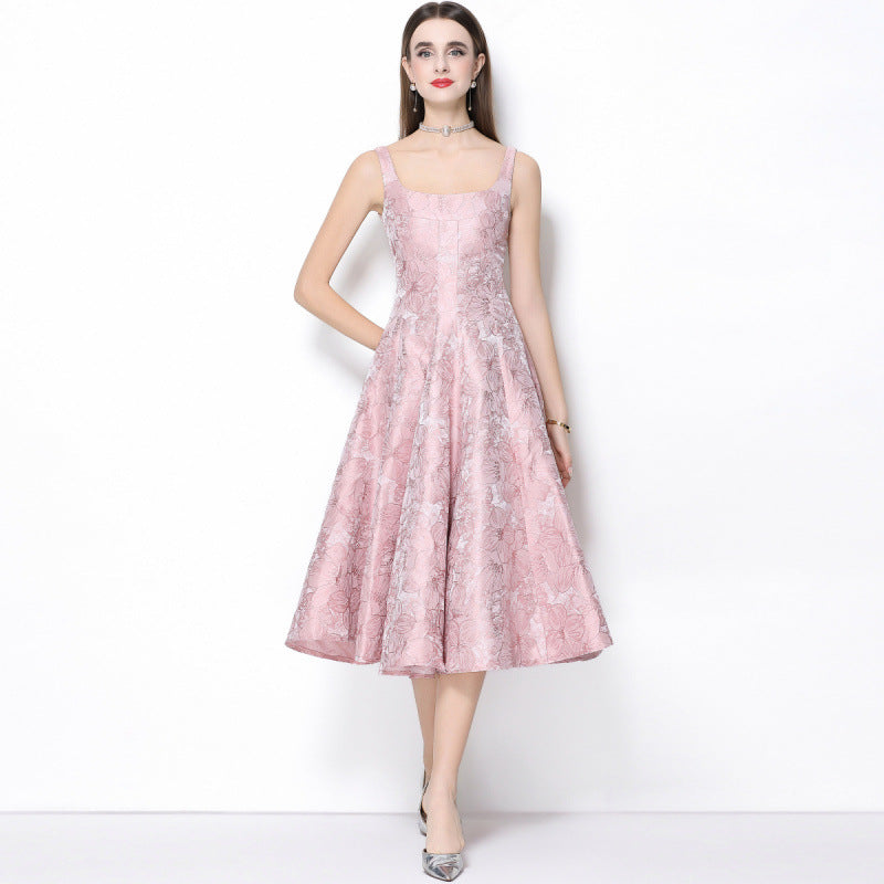 Beverly Vintage Jacquard Slip Midi Dress in Pink Avalabel