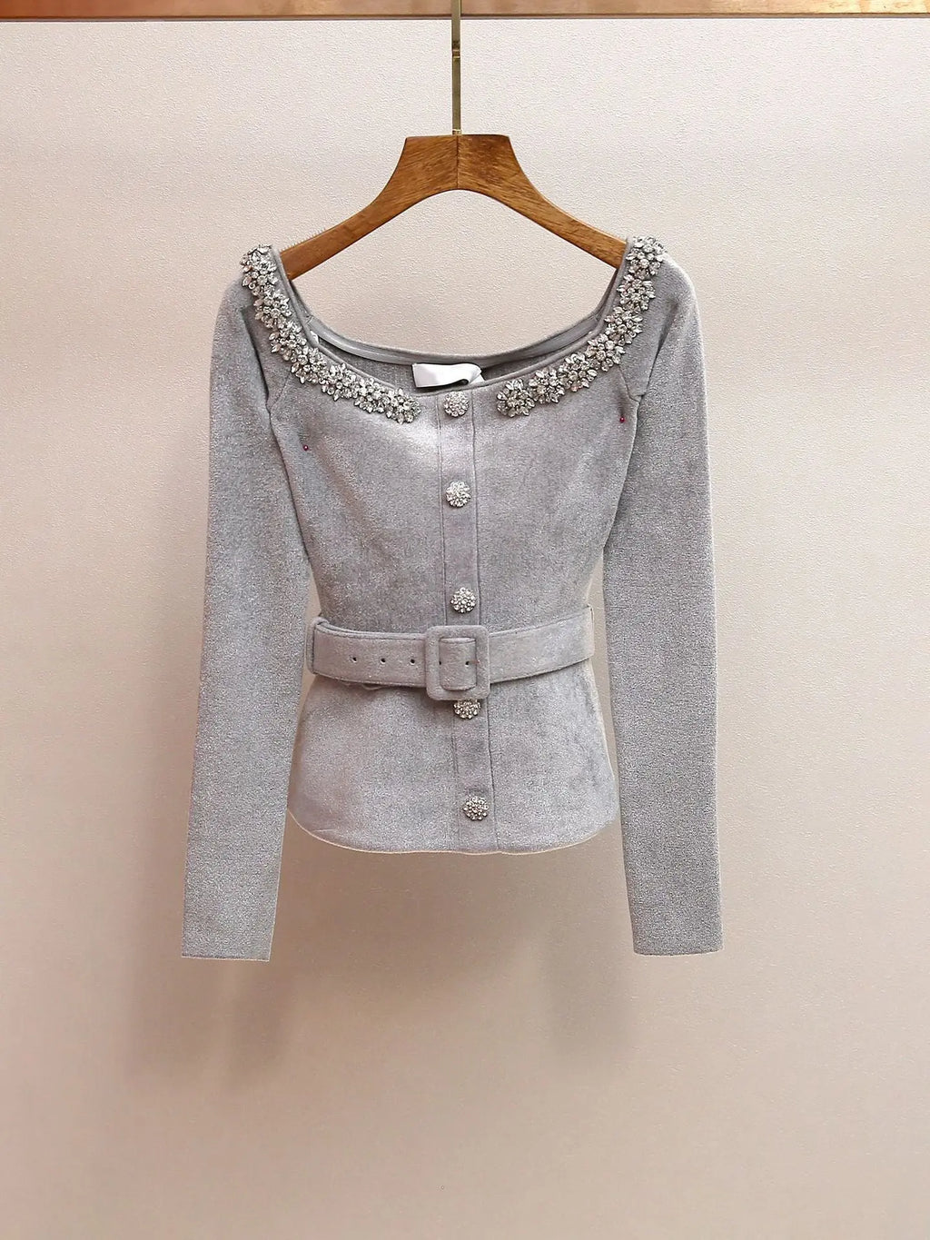 molly Grey Chenille Knit Crystal Trim Top Avalabel