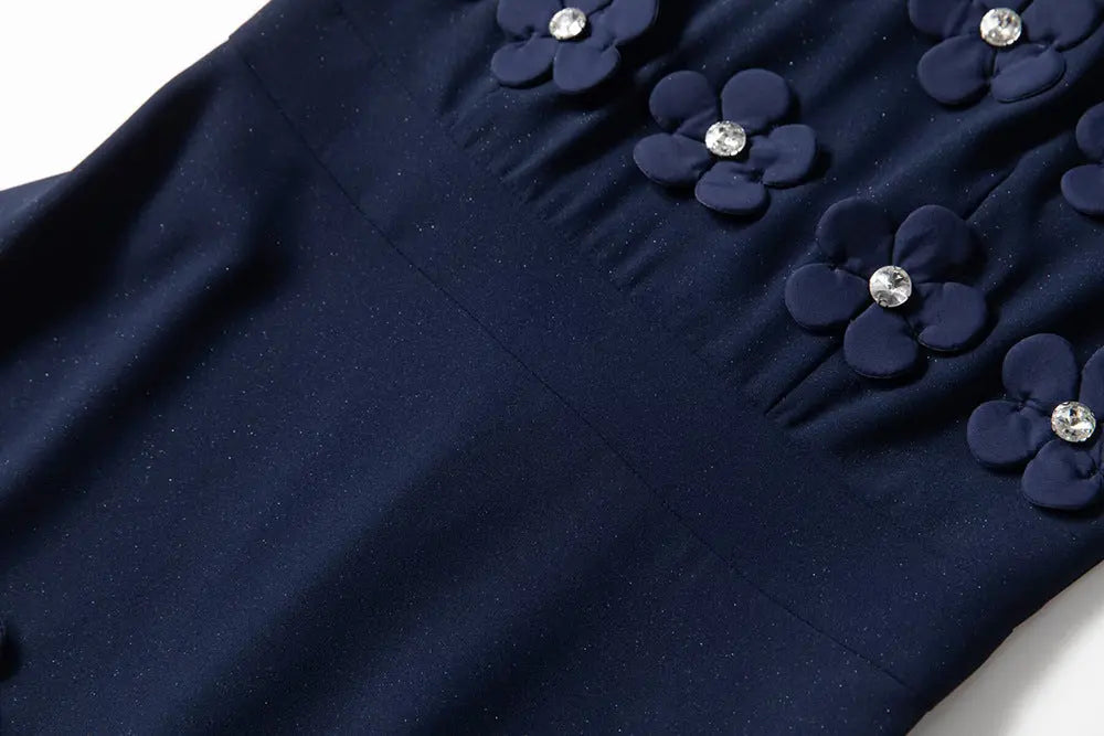 katherine 3d flower appliqué midi dress in navy blue Avalabel