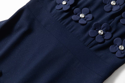 katherine 3d flower appliqué midi dress in navy blue