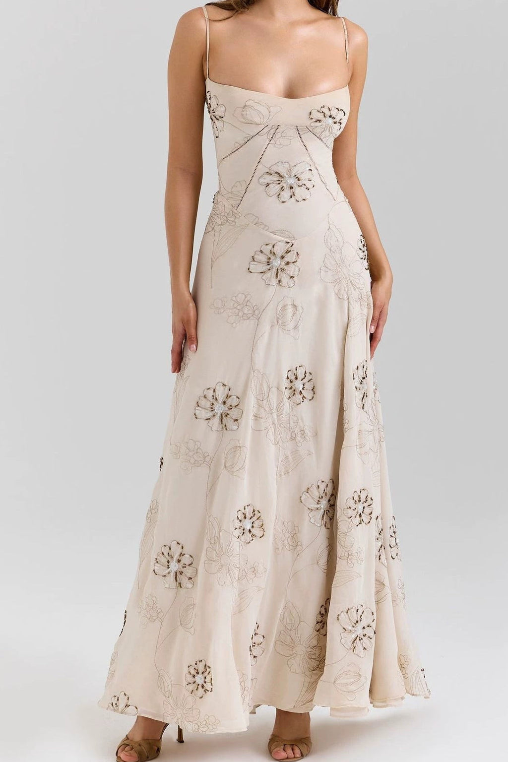 Beige Floral Beaded Spaghetti Strap Maxi Dress Avalabel