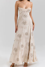 Beige Floral Beaded Spaghetti Strap Maxi Dress Avalabel