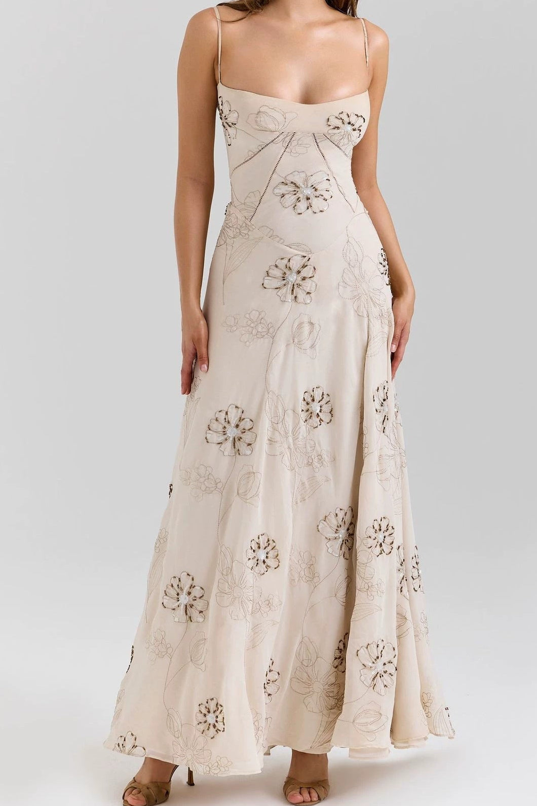 Beige Floral Beaded Spaghetti Strap Maxi Dress Avalabel