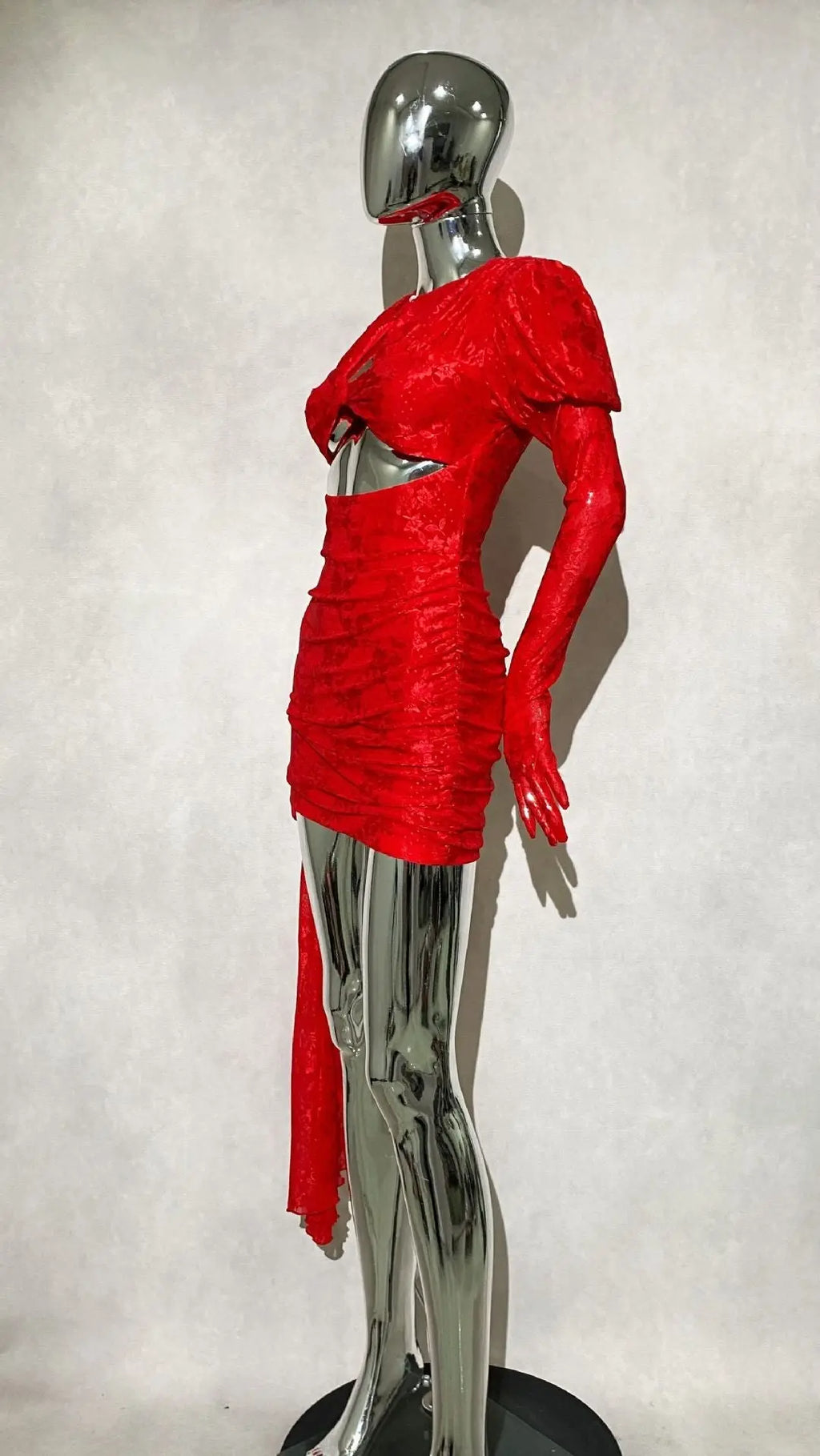 Dariel Floral Jacquard Cutout Draped Mini Dress - Red Avalabel