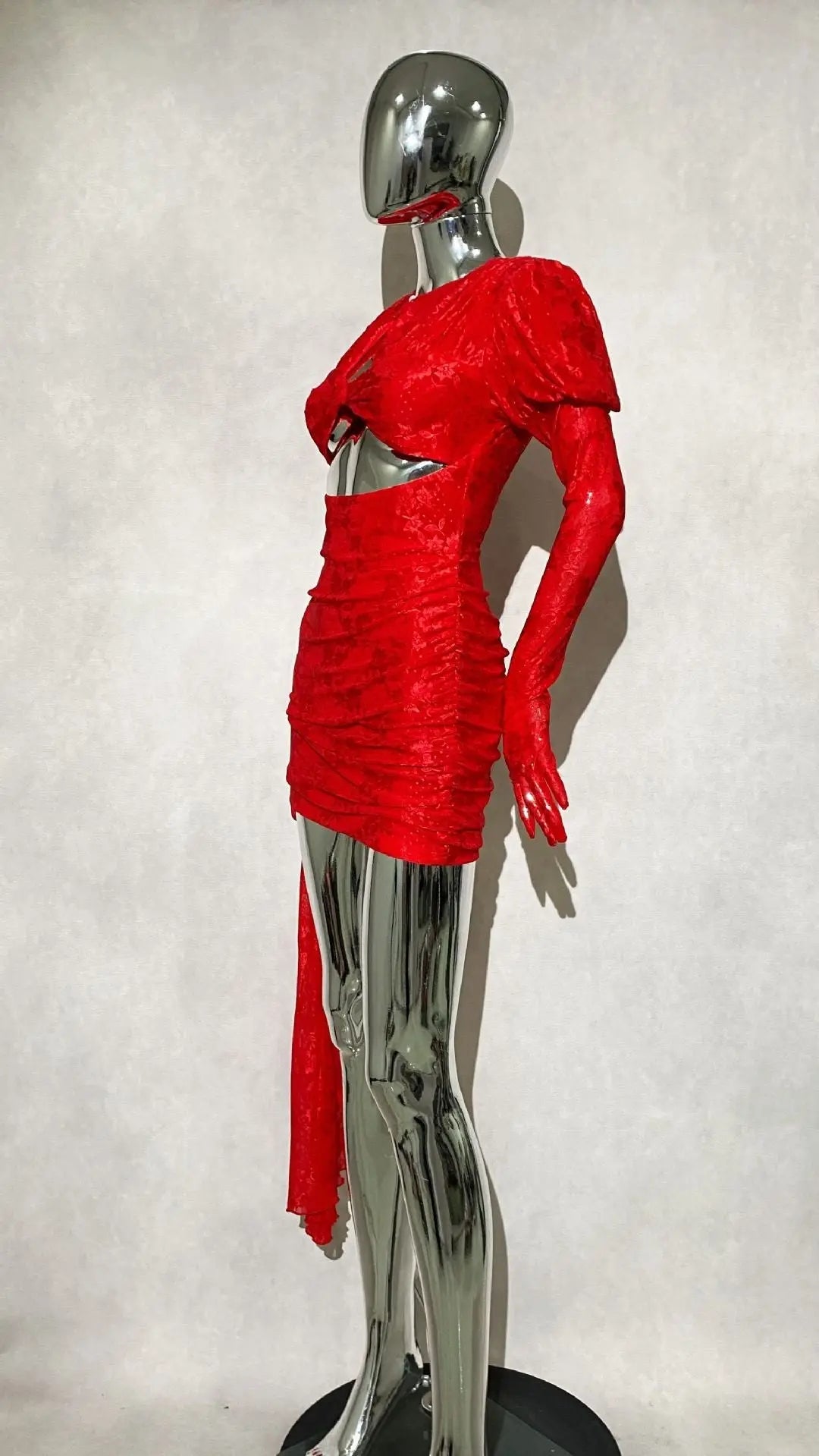 Dariel Floral Jacquard Cutout Draped Mini Dress - Red Avalabel