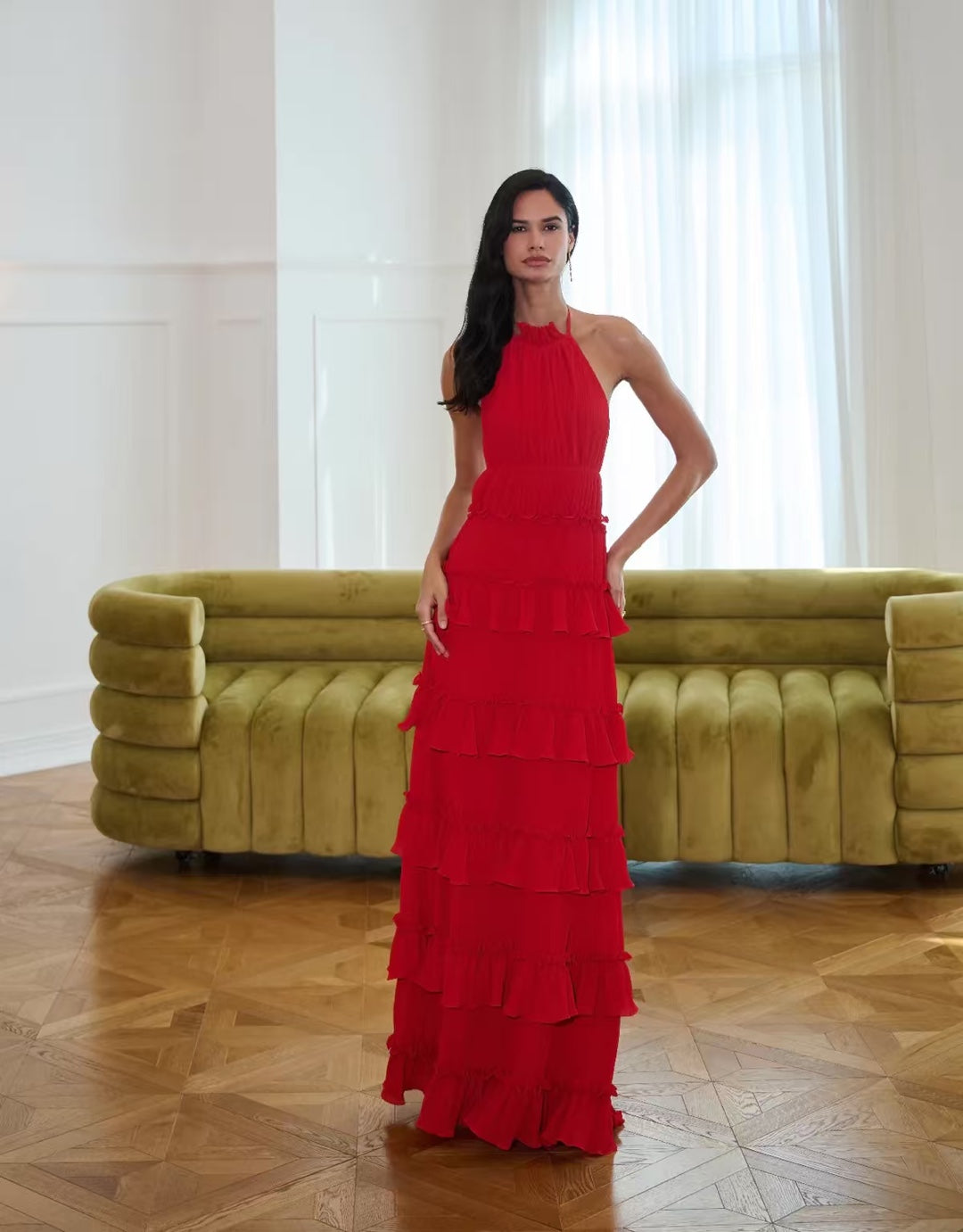 Lorraine  Ruffle Trim Layer Halter Maxi Dress - Red Avalabel