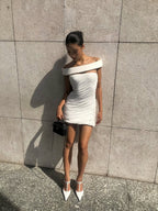 Lola White Off-Shoulder Asymmetrical-Draped Mini Dress Avalabel