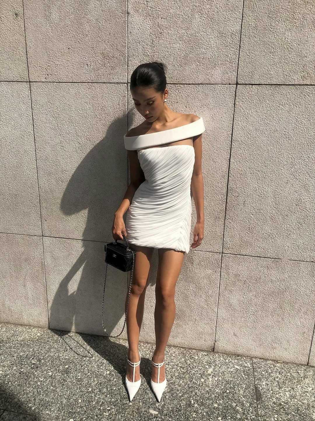 Lola White Off-Shoulder Asymmetrical-Draped Mini Dress Avalabel