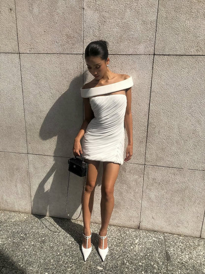 Lola White Off-Shoulder Asymmetrical-Draped Mini Dress