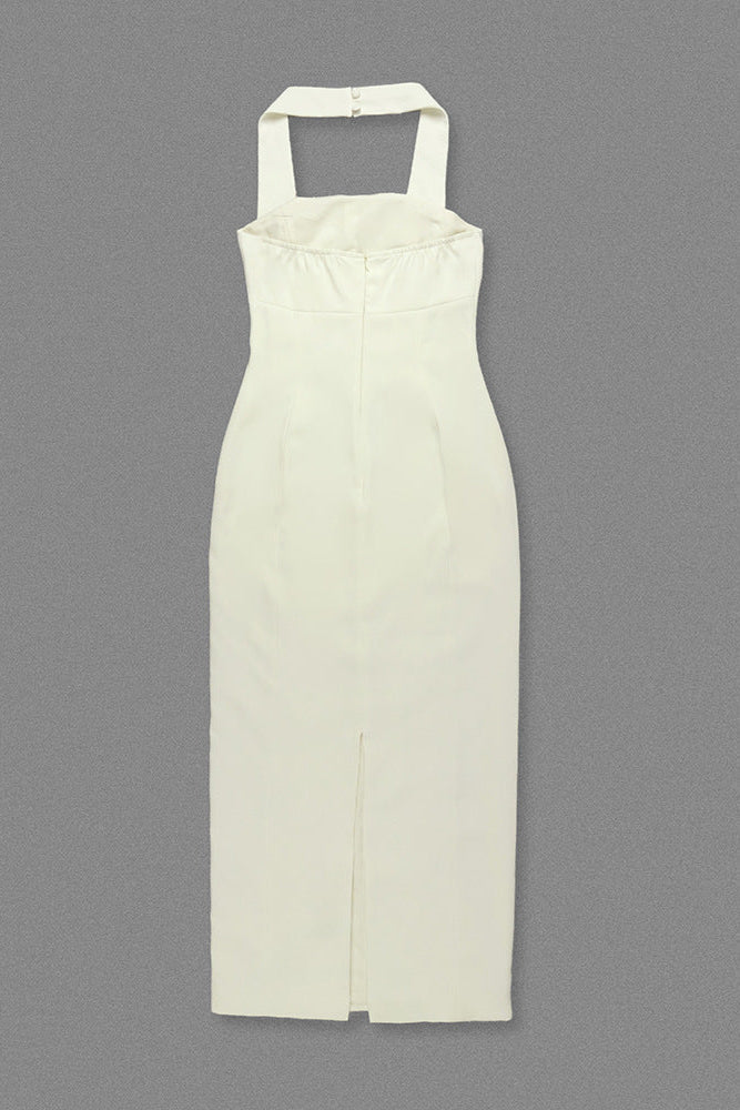 Almond Woven Halter Button Maxi Dress Avalabel