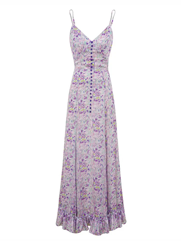 Sundress Women's Summer French Vintage Dress 2024 Floral Skirt V-Neck Thin Ruffle Temperament Long Skirt