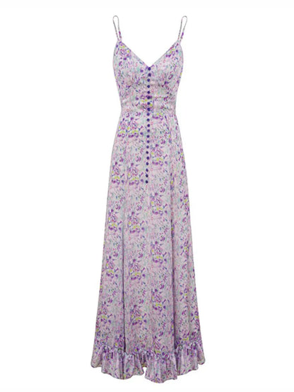 Sundress Women's Summer French Vintage Dress 2024 Floral Skirt V-Neck Thin Ruffle Temperament Long Skirt