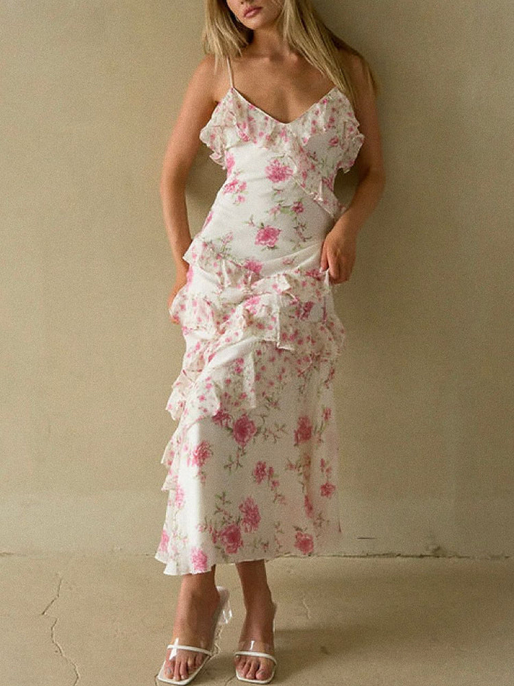 Floral Ruffle Tiered Maxi Dress - Pink & Lvory Avalabel