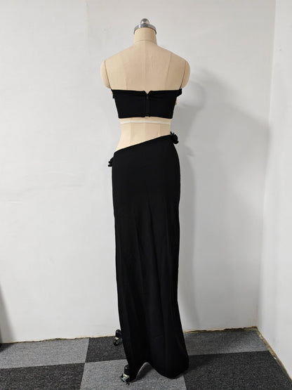 black High Slit Tassels 3d Flowers Strapless Maxi Set