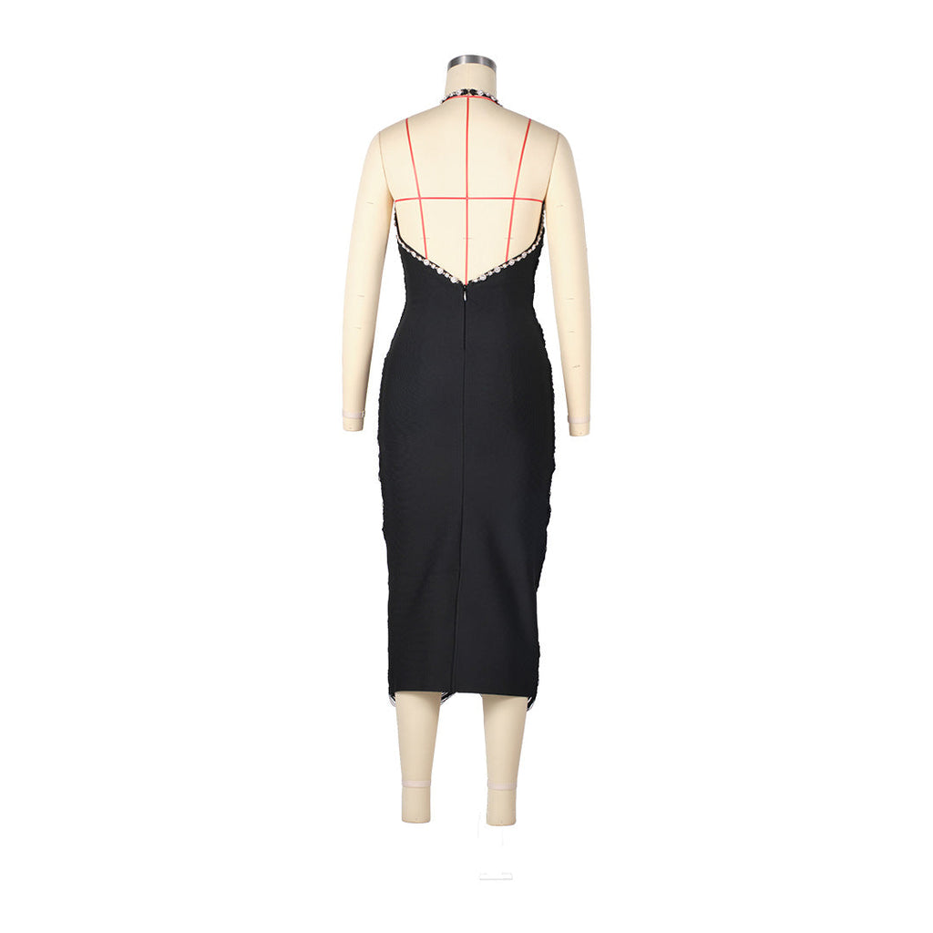 sherry halter rhinestone bandage tassel midi dress in black Avalabel