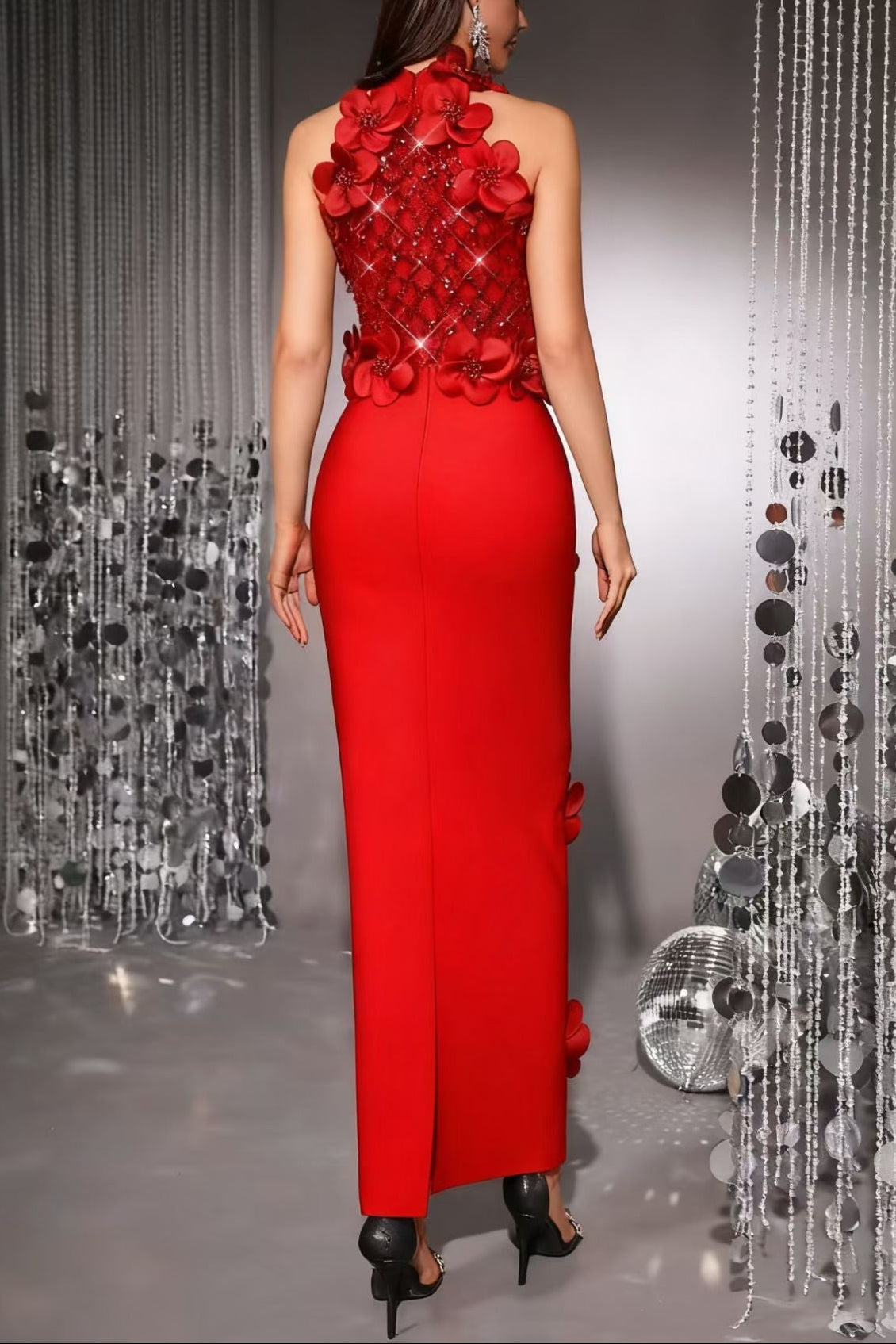 Phoenix 3D Flower Sequin Halter Bandage Maxi Dress in Red