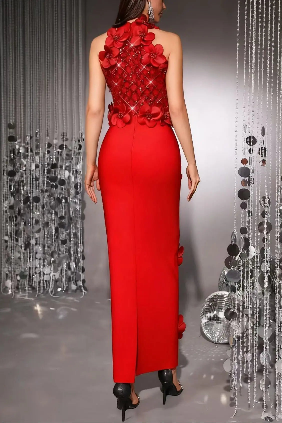 Phoenix 3D Flower Sequin Halter Bandage Maxi Dress in Red Avalabel
