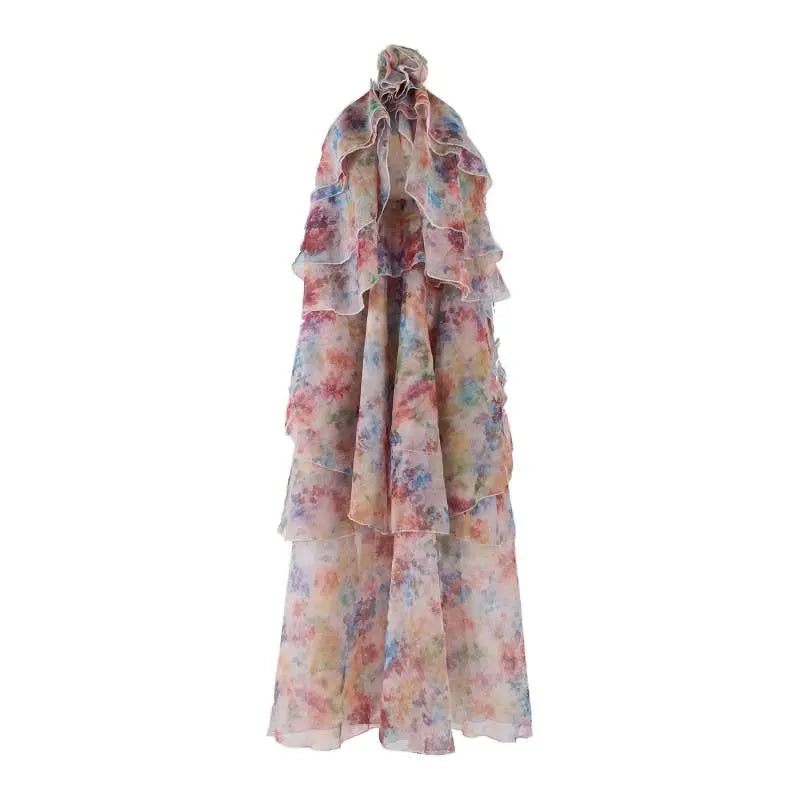 susie multicolor floral print layer halter midi dress Avalabel