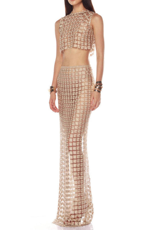 Apricot Sheer Plaid Fishtail Maxi Skirt Two Piece of Set