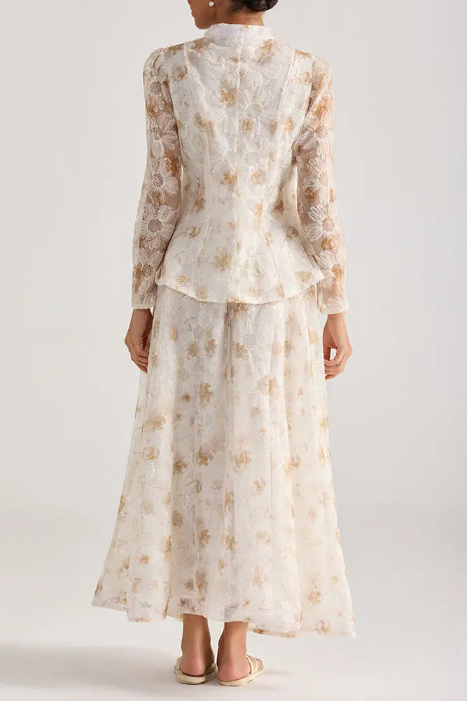 Rebecca Yellow Floral Embroidered Long-Sleeve Top Skirt Set Avalabel