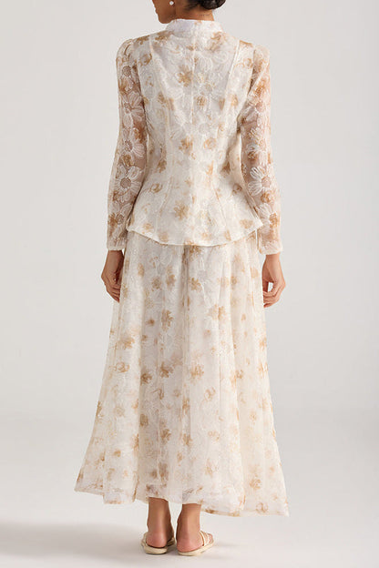 Rebecca Yellow Floral Embroidered Long-Sleeve Top Skirt Set