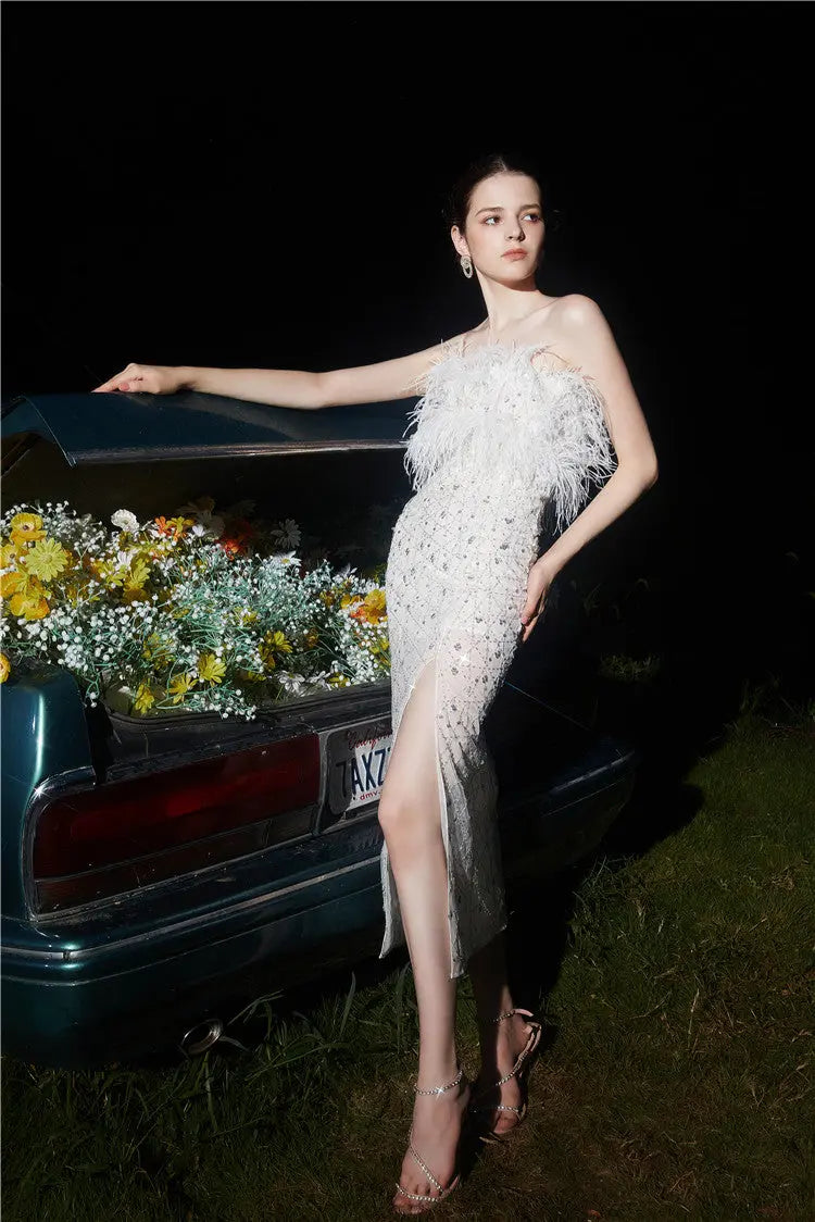 Masa White Haute Couture Feather Sequin Dress Avalabel