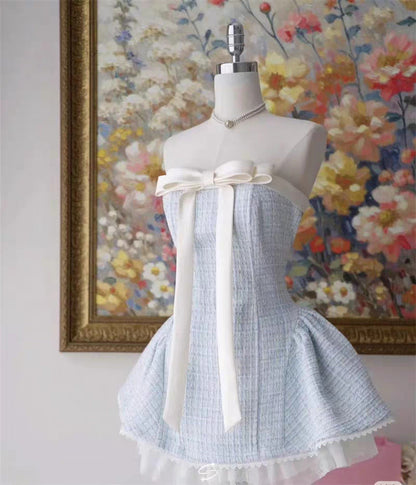 Bow Woven Lace Tube Top Mini Dress in Pink