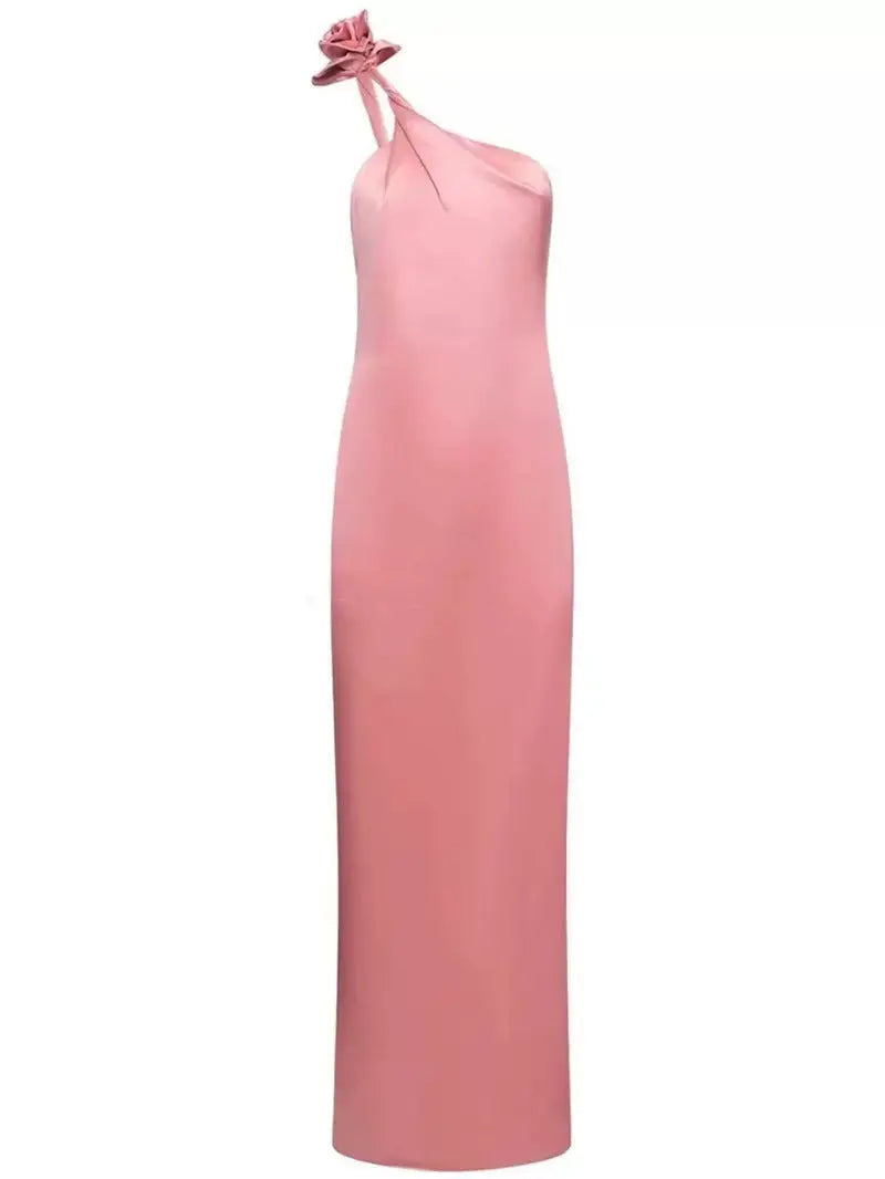 Yvonne One-Shoulder 3D Flower Satin Maxi Dress in Pink Avalabel