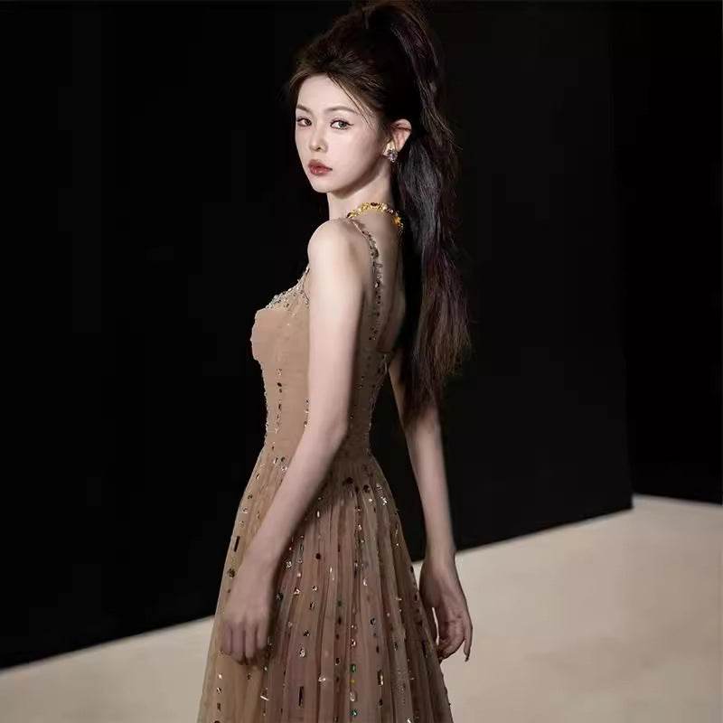 Nicola's Elegant Backless Halter Maxi Dress - Champagne Avalabel