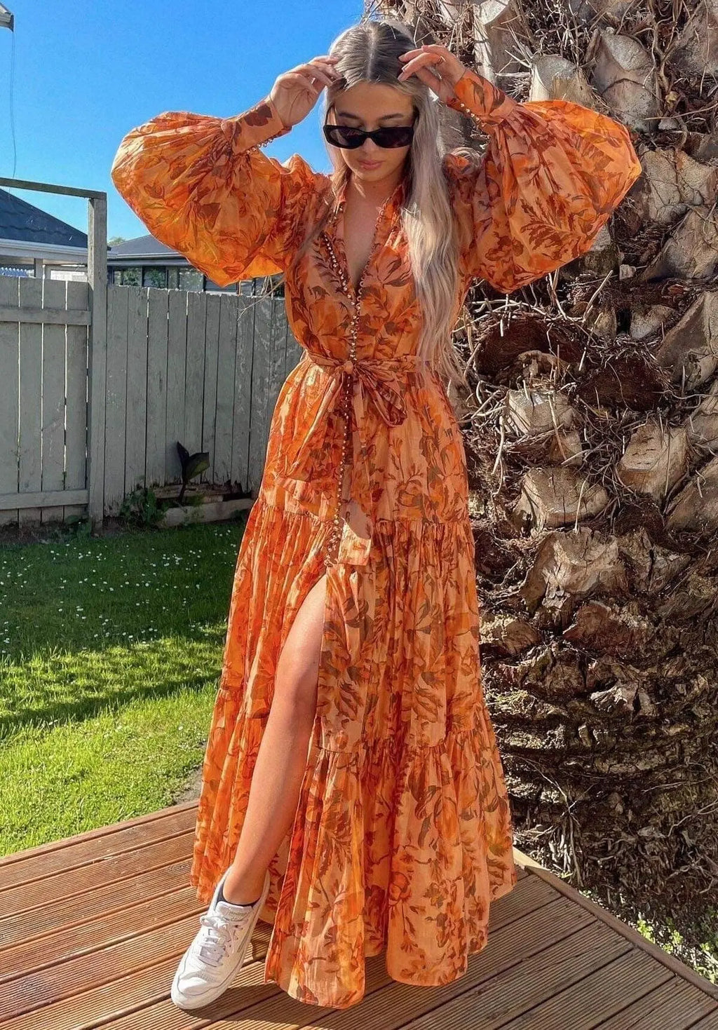 kelly Printed Balloon Sleeve Maxi Dress in brown Avalabel