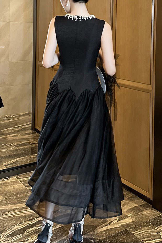 Mandy Black Pearl Neck Sleeveless Puffy Maxi Dress