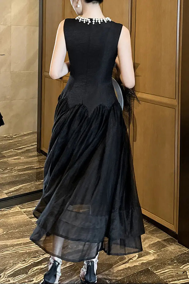 Mandy Black Pearl Neck Sleeveless Puffy Maxi Dress Avalabel