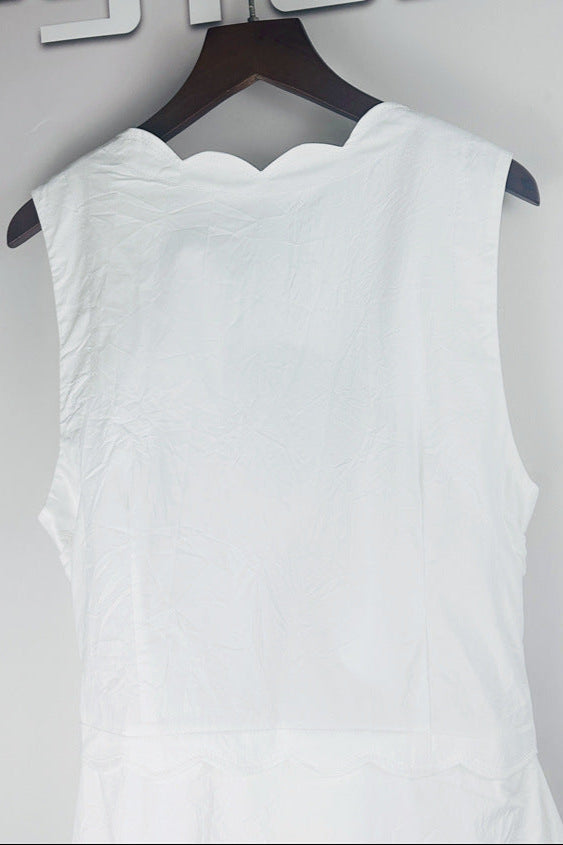 Scallop Trim V-Neck Crinkled Maxi Dress in Ecru Avalabel