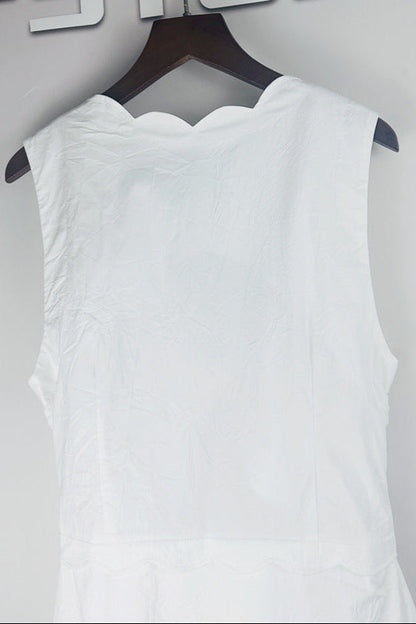 Scallop Trim V-Neck Crinkled Maxi Dress in Ecru