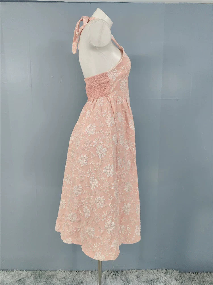 pink fairy jacquard halterneck open back big swing midi dress