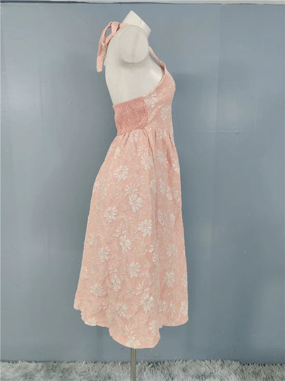pink fairy jacquard halterneck open back big swing midi dress
